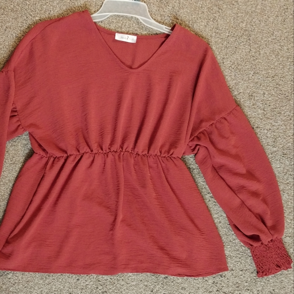 Burnt Orange Blouse with scrunched sleeved and waist